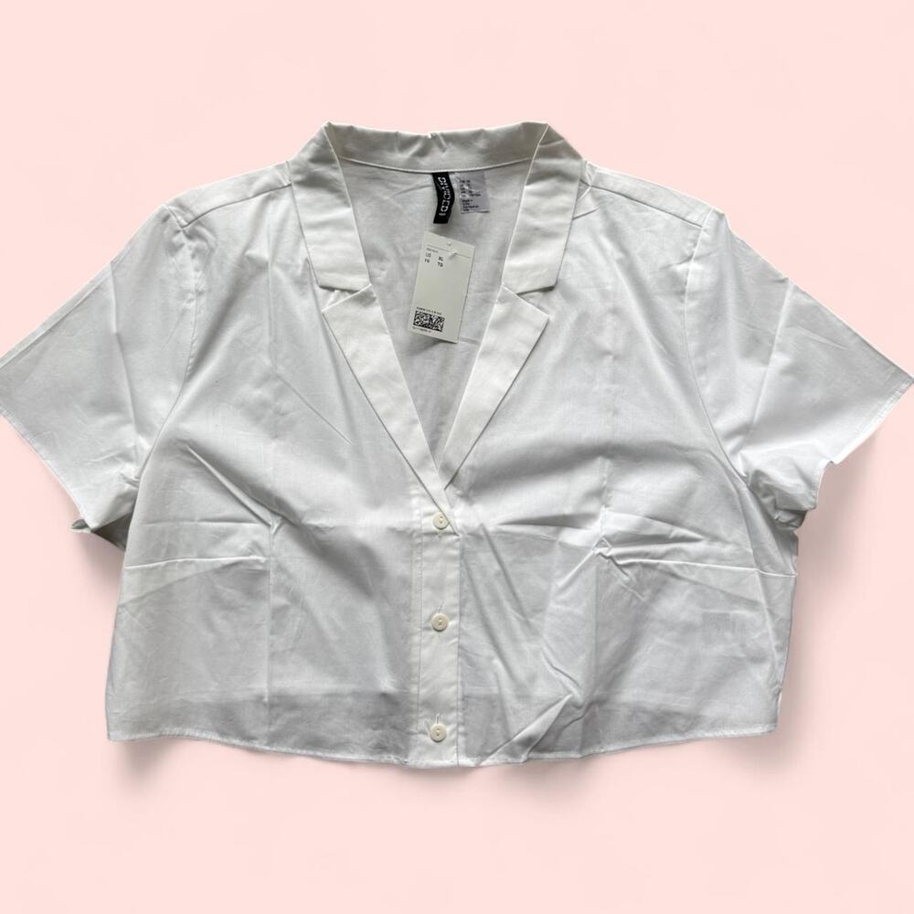 H&M White Cotton Cropped Short Sleeve Button Up Blouse size XL NWT